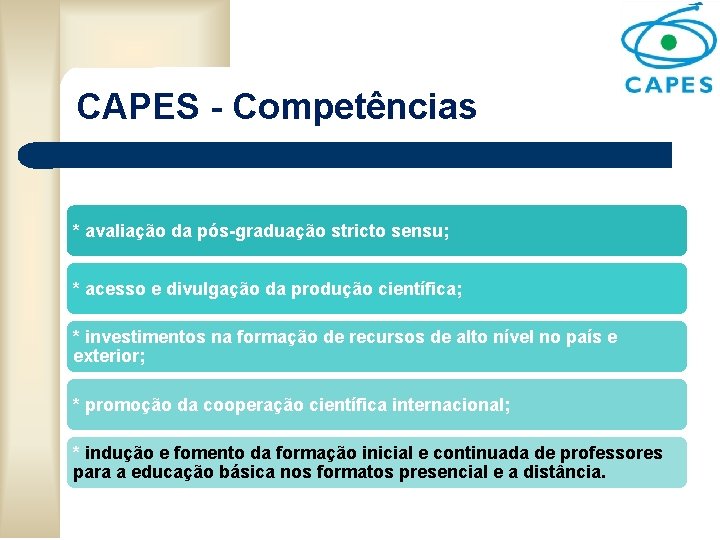 CAPES - Competências * avaliação da pós-graduação stricto sensu; * acesso e divulgação da