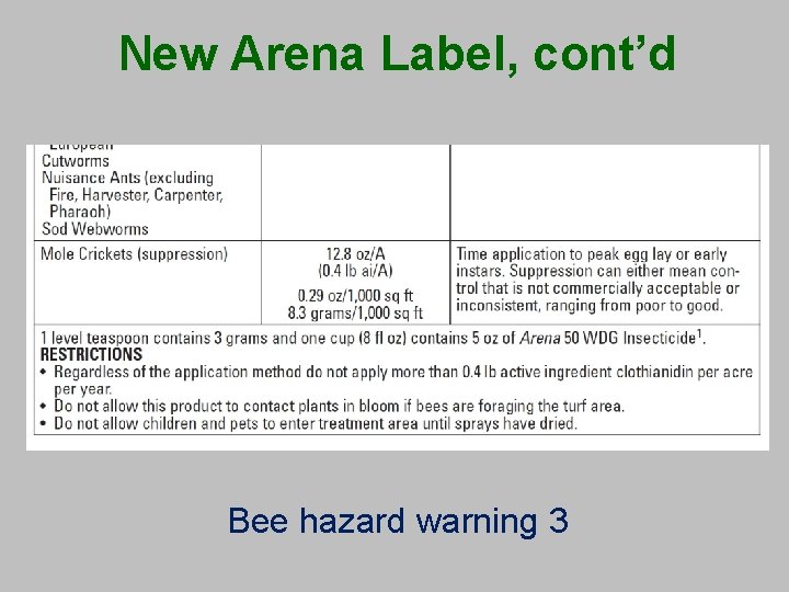 New Arena Label, cont’d Bee hazard warning 3 