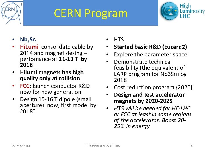 CERN Program • Nb 3 Sn • Hi. Lumi: consolidate cable by 2014 and