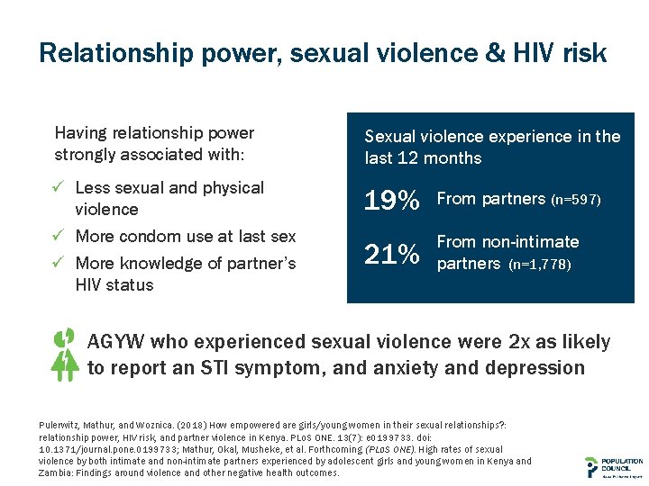 Relationship power, sexual violence & HIV risk Having relationship power strongly associated with: Sexual