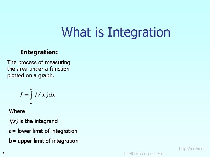 What is Integration: The process of measuring the area under a function plotted on