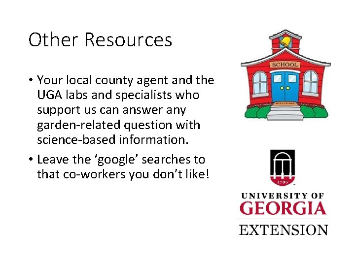 Other Resources • Your local county agent and the UGA labs and specialists who