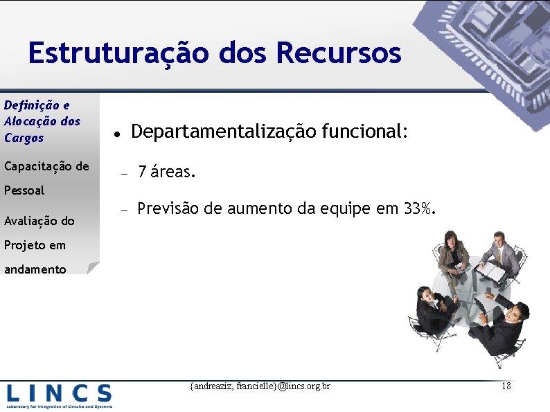 Estruturação dos Recursos Definição e Alocação dos Cargos Capacitação de Departamentalização funcional: 7 áreas.