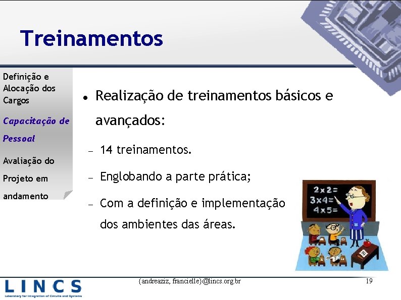 Treinamentos Definição e Alocação dos Cargos Realização de treinamentos básicos e avançados: Capacitação de