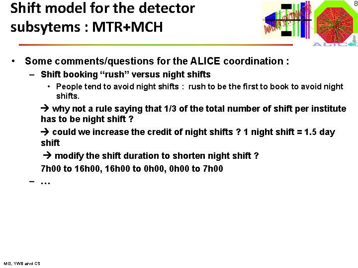 Shift model for the detector subsytems : MTR+MCH • Some comments/questions for the ALICE