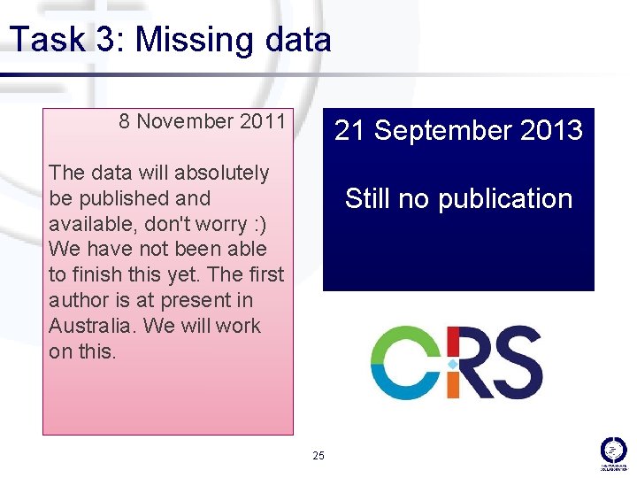 Task 3: Missing data 8 November 2011 21 September 2013 The data will absolutely