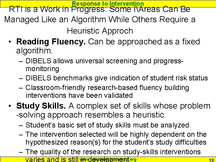 Response to Intervention RTI is a Work in Progress: Some IAreas Can Be Managed
