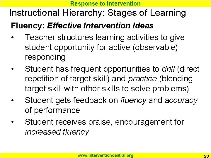 Response to Intervention Instructional Hierarchy: Stages of Learning Fluency: Effective Intervention Ideas • Teacher