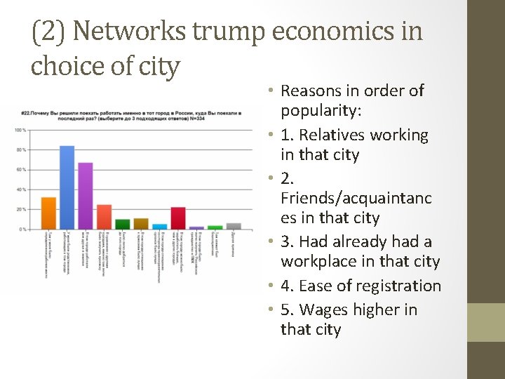 (2) Networks trump economics in choice of city • Reasons in order of popularity:
