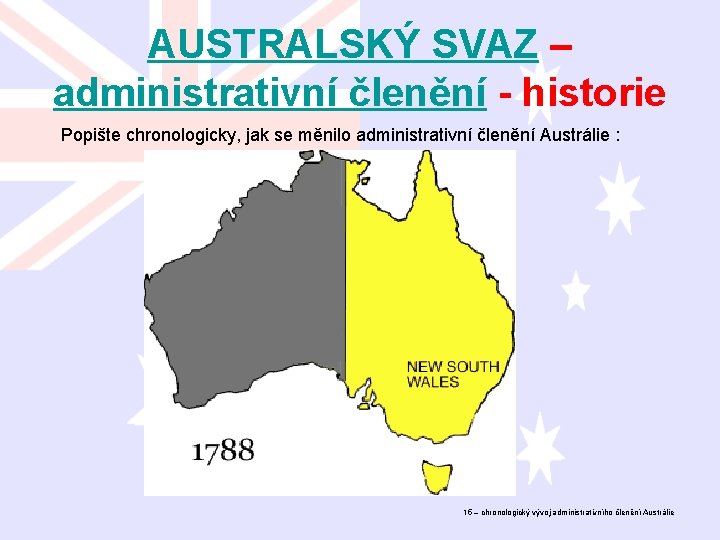 AUSTRALSKÝ SVAZ – administrativní členění - historie Popište chronologicky, jak se měnilo administrativní členění