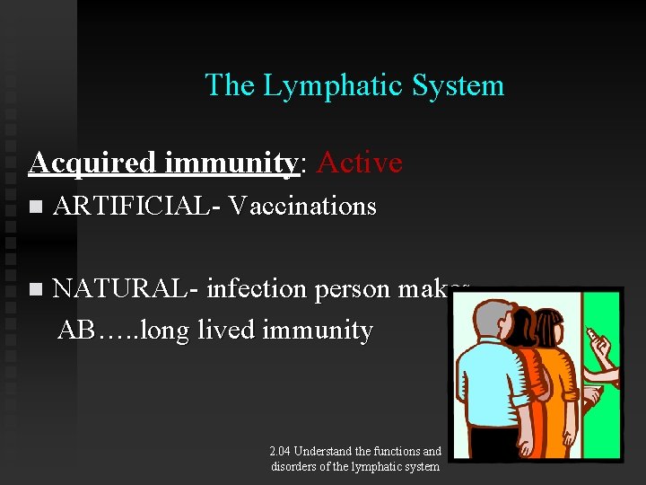 The Lymphatic System Acquired immunity: Active n ARTIFICIAL- Vaccinations n NATURAL- infection person makes