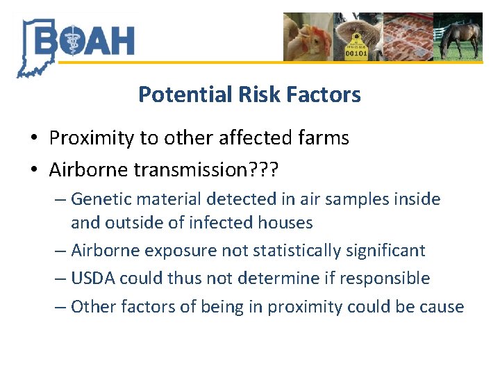 Potential Risk Factors • Proximity to other affected farms • Airborne transmission? ? ?