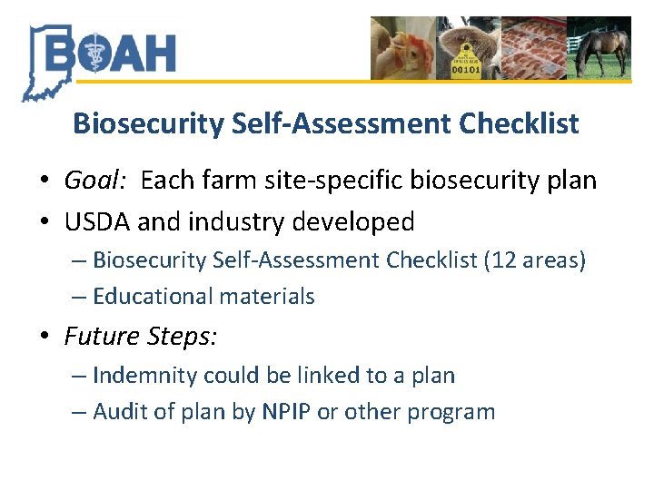 Biosecurity Self-Assessment Checklist • Goal: Each farm site-specific biosecurity plan • USDA and industry