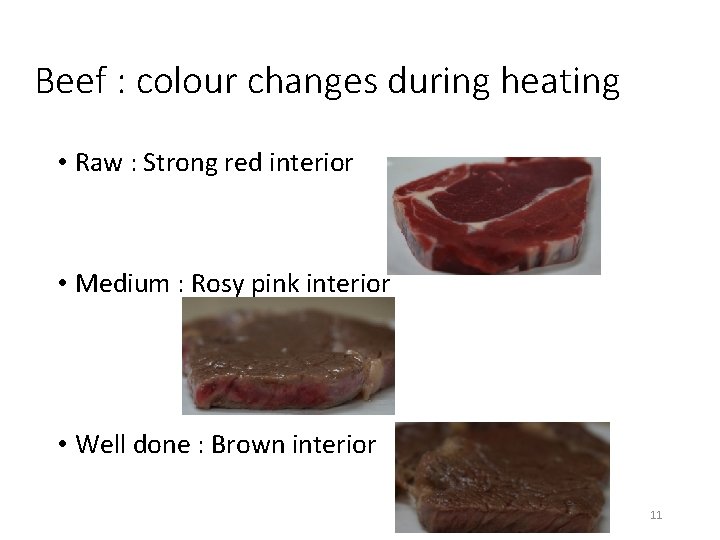 Beef : colour changes during heating • Raw : Strong red interior • Medium