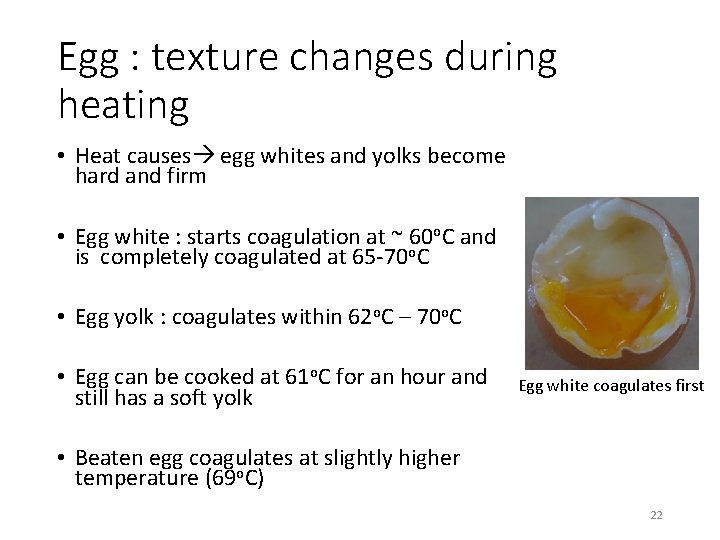 Egg : texture changes during heating • Heat causes egg whites and yolks become