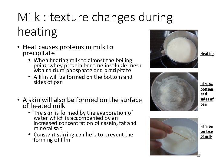 Milk : texture changes during heating • Heat causes proteins in milk to precipitate
