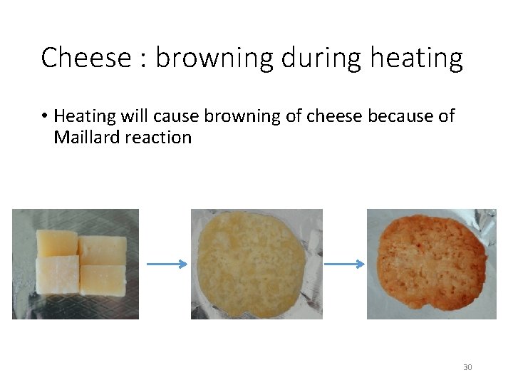 Cheese : browning during heating • Heating will cause browning of cheese because of