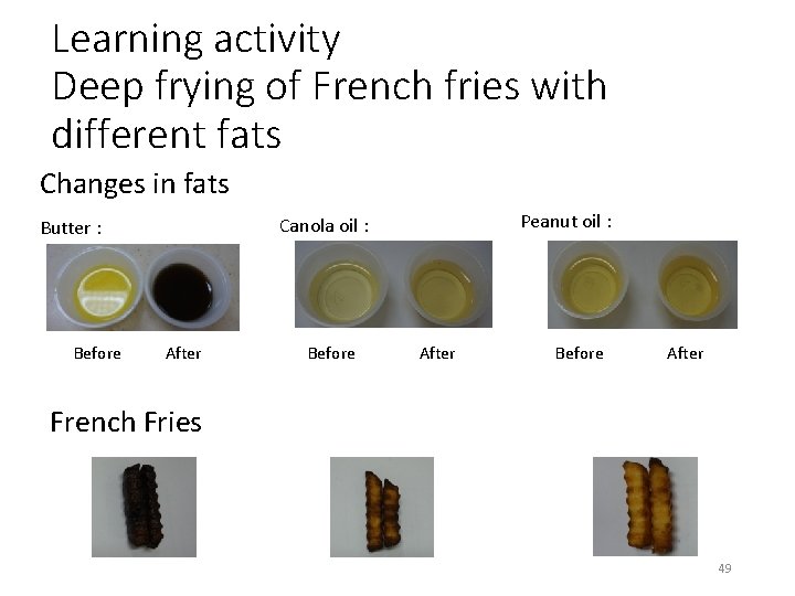 Learning activity Deep frying of French fries with different fats Changes in fats Before