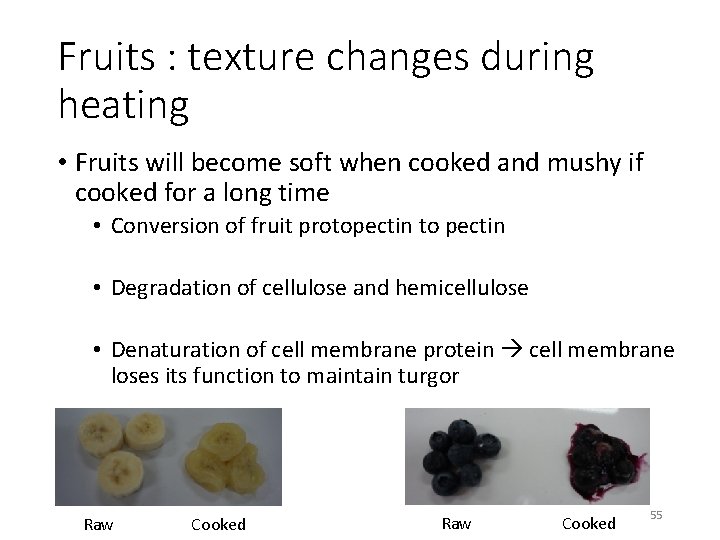 Fruits : texture changes during heating • Fruits will become soft when cooked and