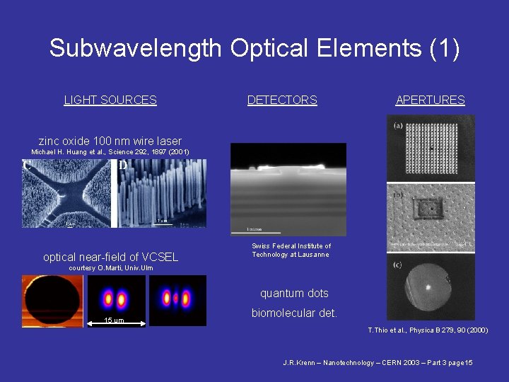 Subwavelength Optical Elements (1) LIGHT SOURCES DETECTORS APERTURES zinc oxide 100 nm wire laser