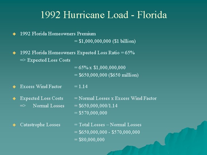 1992 Hurricane Load - Florida u 1992 Florida Homeowners Premium = $1, 000, 000