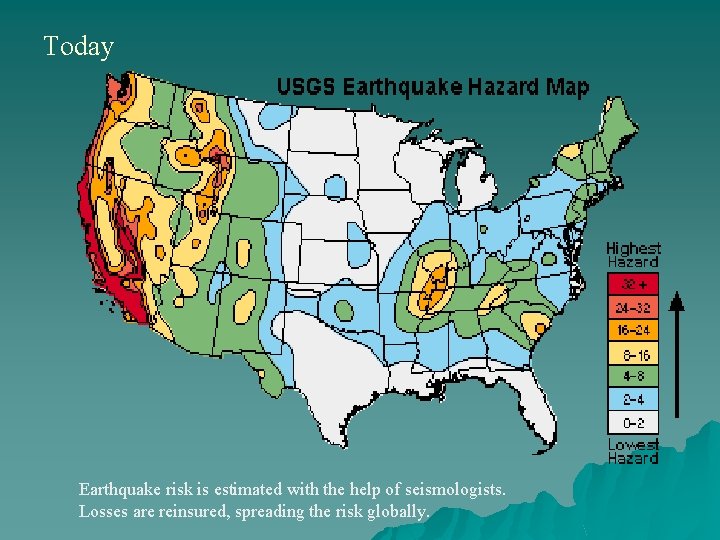 Today Earthquake risk is estimated with the help of seismologists. Losses are reinsured, spreading
