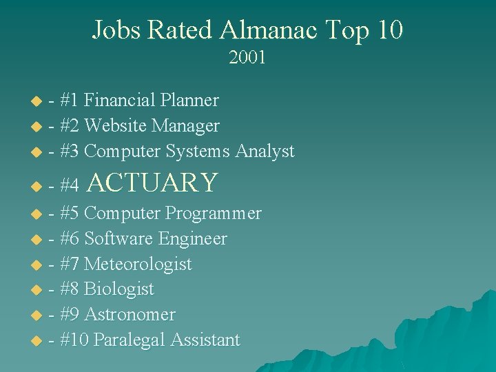 Jobs Rated Almanac Top 10 2001 - #1 Financial Planner u - #2 Website