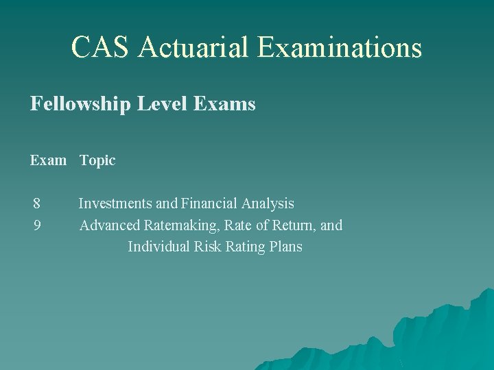 CAS Actuarial Examinations Fellowship Level Exams Exam Topic 8 9 Investments and Financial Analysis