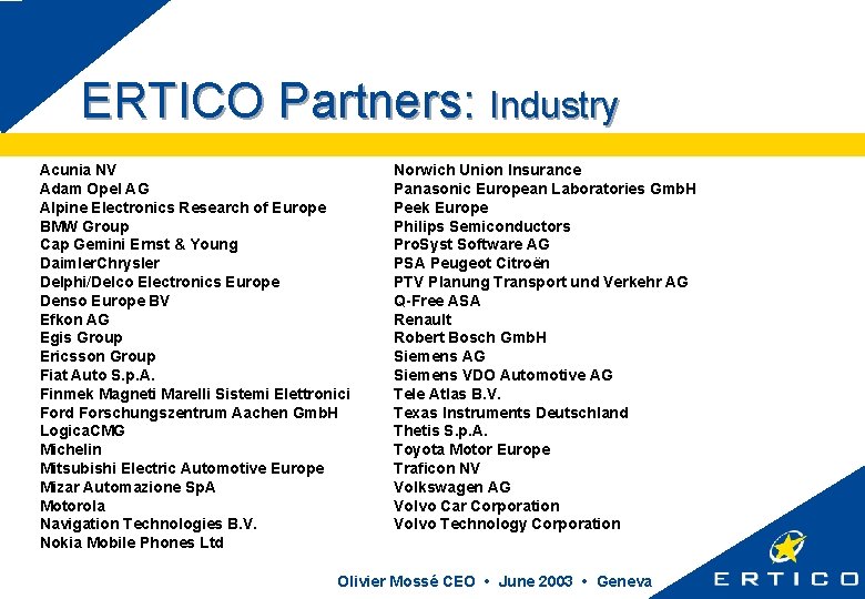 ERTICO Partners: Industry Acunia NV Adam Opel AG Alpine Electronics Research of Europe BMW