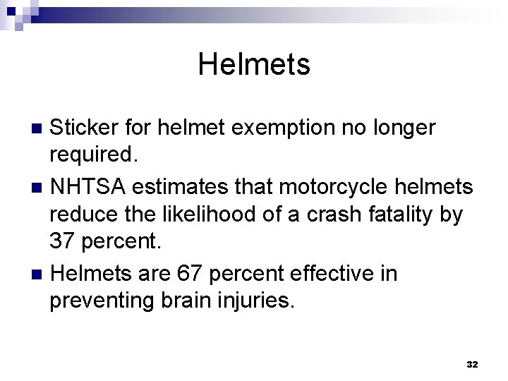Helmets Sticker for helmet exemption no longer required. n NHTSA estimates that motorcycle helmets