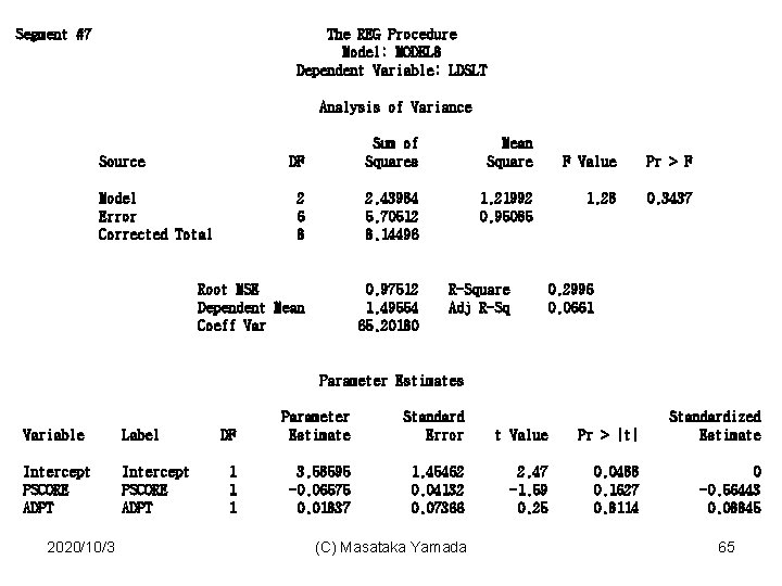 Segment #7 The REG Procedure Model: MODEL 8 Dependent Variable: LDSLT Analysis of Variance