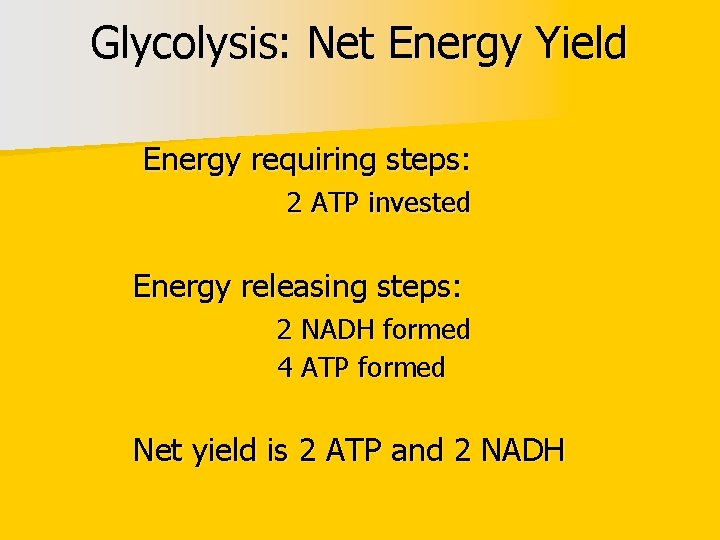Glycolysis: Net Energy Yield Energy requiring steps: 2 ATP invested Energy releasing steps: 2