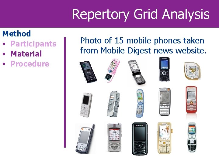 Repertory Grid Analysis Method § Participants § Material § Procedure Photo of 15 mobile