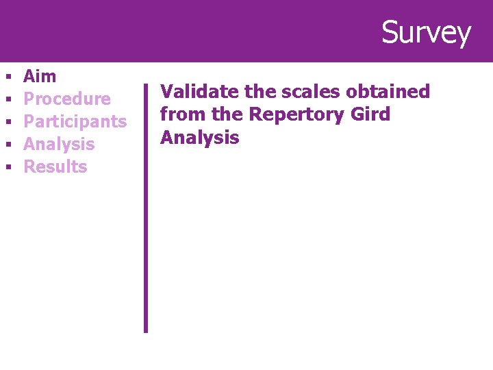 Survey § § § Aim Procedure Participants Analysis Results Validate the scales obtained from