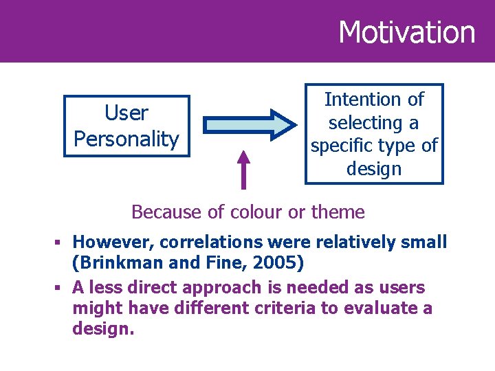 Motivation User Personality Intention of selecting a specific type of design Because of colour