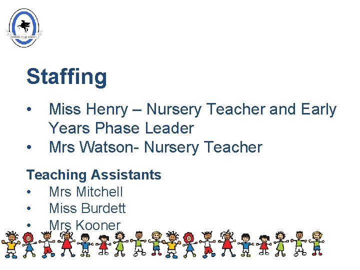 Staffing • • Miss Henry – Nursery Teacher and Early Years Phase Leader Mrs