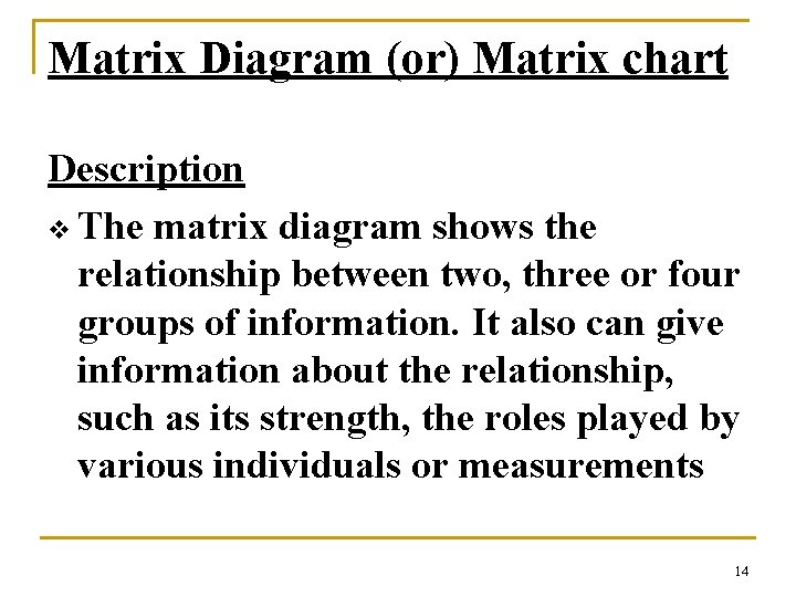 Matrix Diagram (or) Matrix chart Description v The matrix diagram shows the relationship between