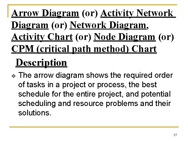 Arrow Diagram (or) Activity Network Diagram (or) Network Diagram, Activity Chart (or) Node Diagram