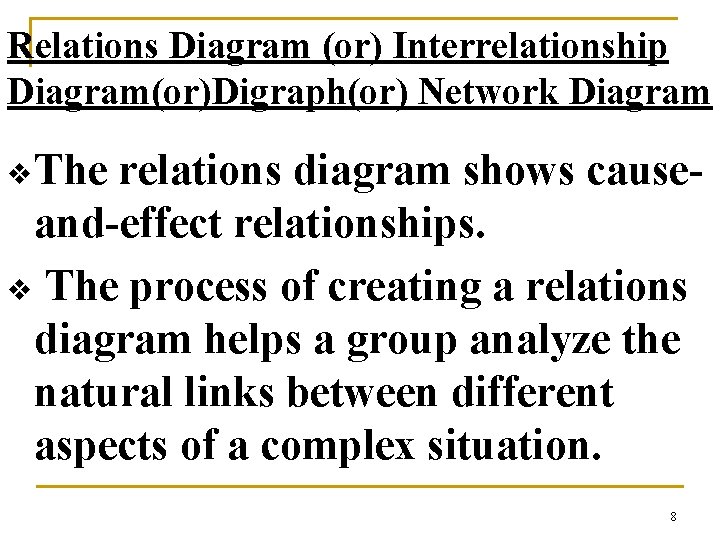 Relations Diagram (or) Interrelationship Diagram(or)Digraph(or) Network Diagram v The relations diagram shows causeand-effect relationships.