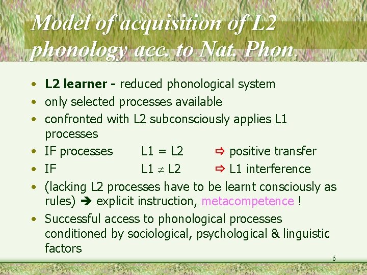 Model of acquisition of L 2 phonology acc. to Nat. Phon. • L 2