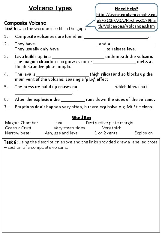 Volcano Types Composite Volcano Task 5: Use the word box to fill in the
