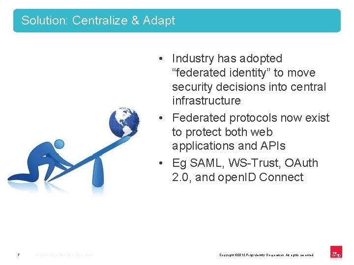 Solution: Centralize & Adapt • Industry has adopted “federated identity” to move security decisions