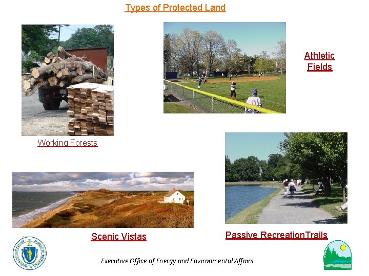 Types of Protected Land Athletic Fields Working Forests Scenic Vistas Passive Recreation. Trails Executive