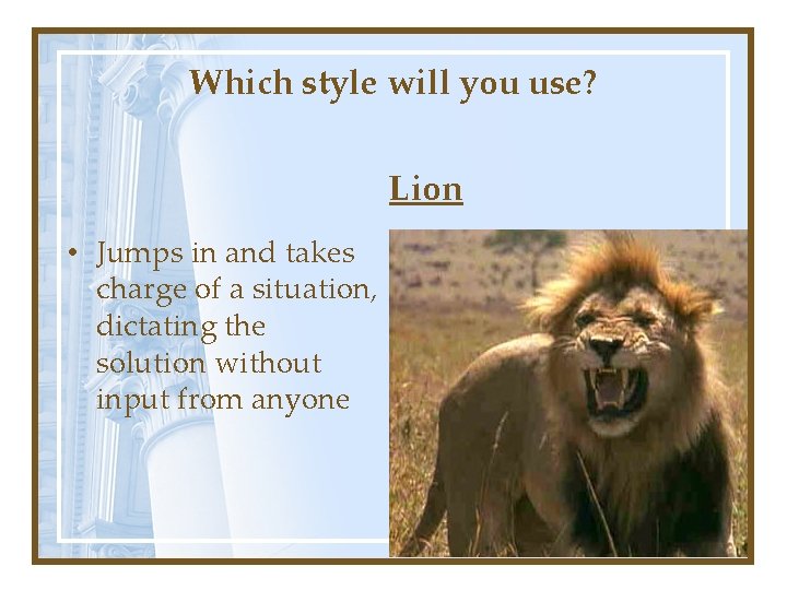 Which style will you use? Lion • Jumps in and takes charge of a