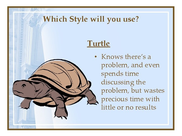 Which Style will you use? Turtle • Knows there’s a problem, and even spends