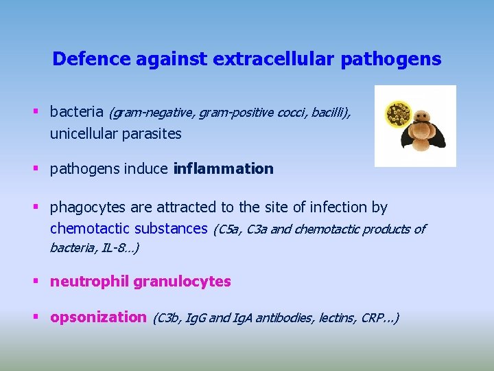 Defence against extracellular pathogens bacteria (gram-negative, gram-positive cocci, bacilli), unicellular parasites pathogens induce inflammation