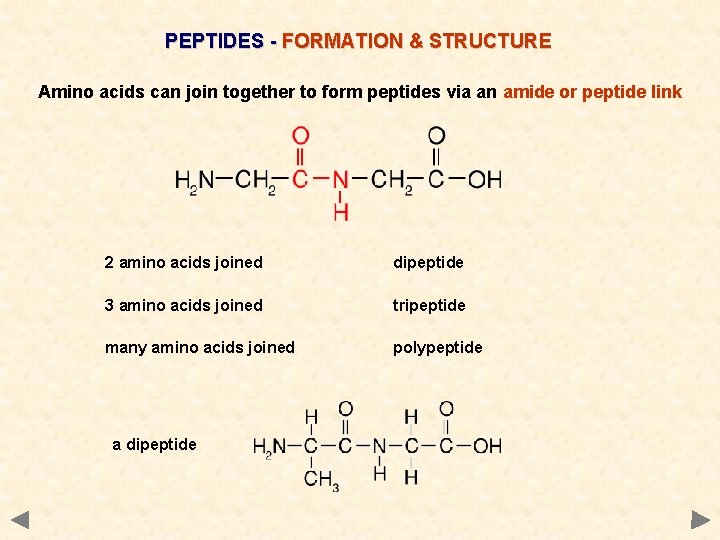 PEPTIDES - FORMATION & STRUCTURE Amino acids can join together to form peptides via