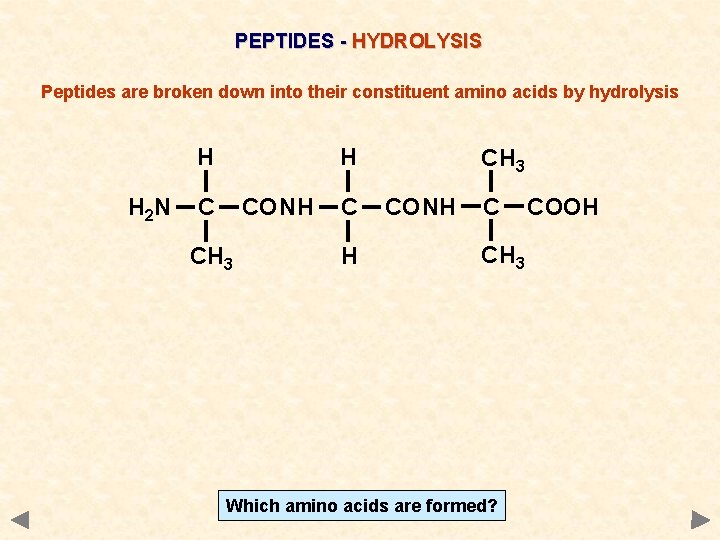 PEPTIDES - HYDROLYSIS Peptides are broken down into their constituent amino acids by hydrolysis