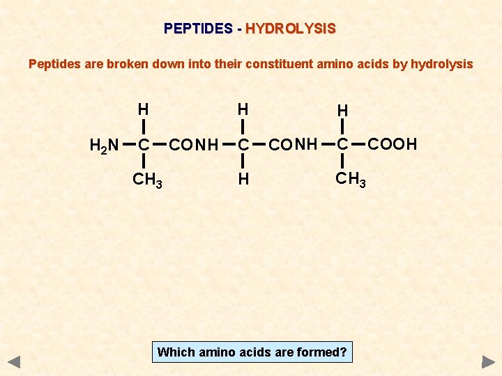 PEPTIDES - HYDROLYSIS Peptides are broken down into their constituent amino acids by hydrolysis
