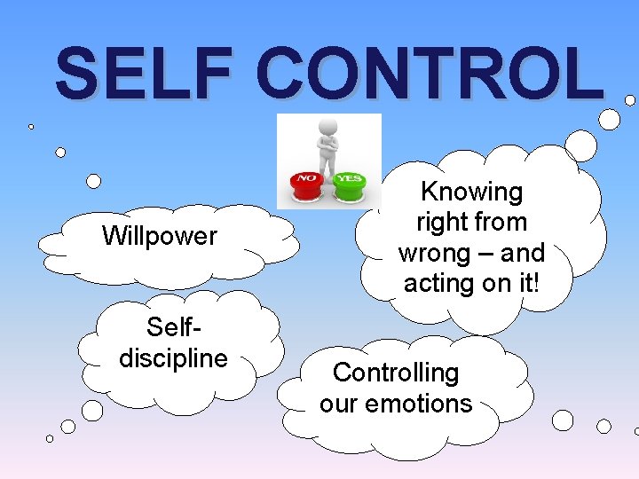 SELF CONTROL Willpower Selfdiscipline Knowing right from wrong – and acting on it! Controlling